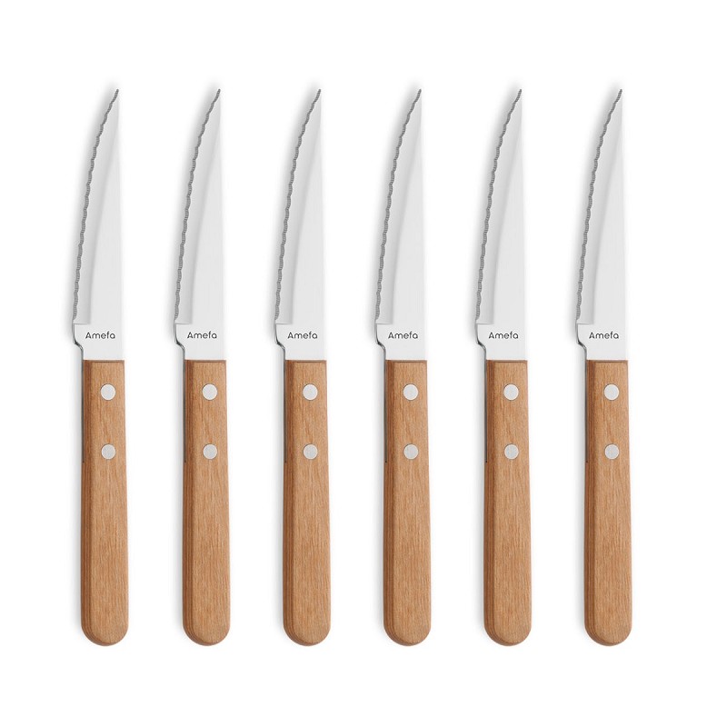 Amefa 7000 Pizza Wood 6 steak knives wood on blister/ 6 steakmessen hout op hangkaart